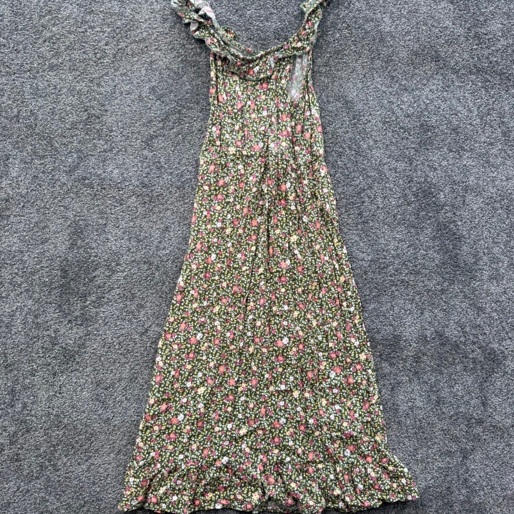 Love Glam Girl Kids Floral Maxi Dress Olive Green Pink Ruffle Rayon Size M